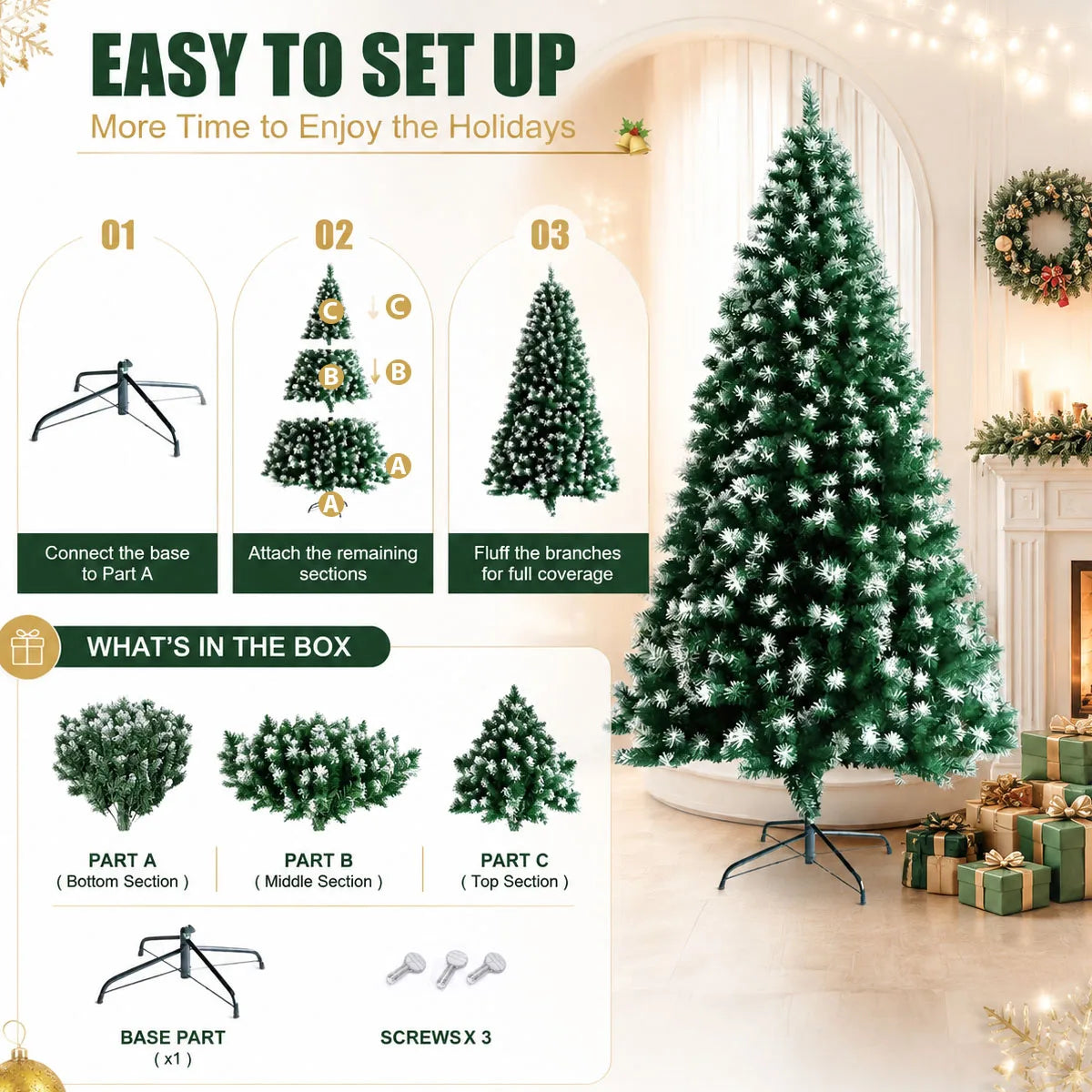 Snow Flocked Unlit Artificial Christmas Tree With Foldable Metal Base