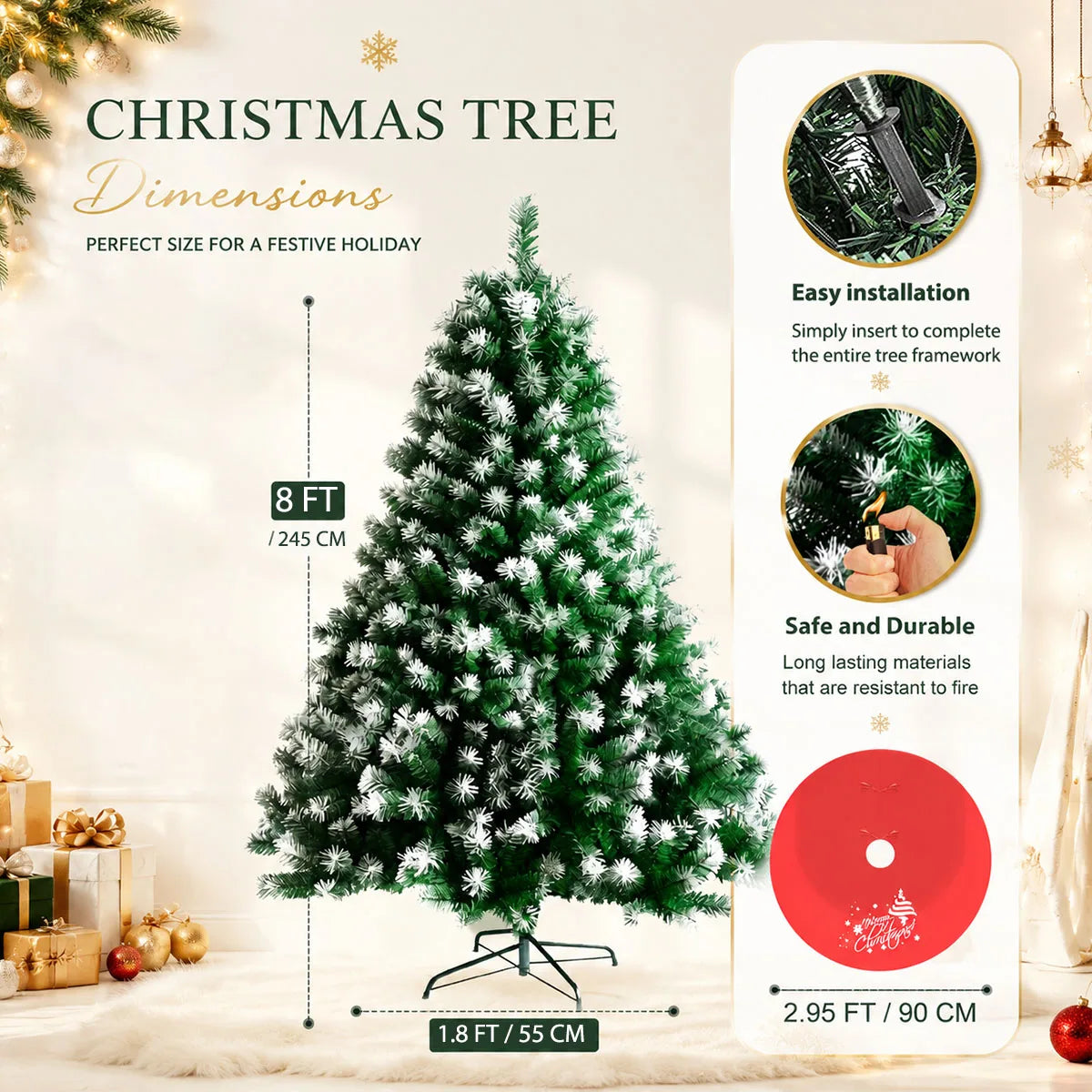 Snow Flocked Unlit Artificial Christmas Tree With Foldable Metal Base