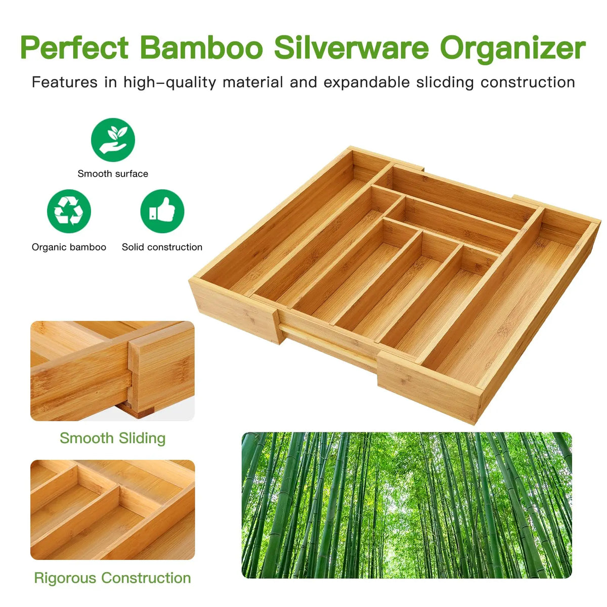 Adjustable Bamboo Silverware Drawer Organizer Wood Storage Cutlery Holder for Forks Spoons And Knives Kitchen Bedroom Living Room