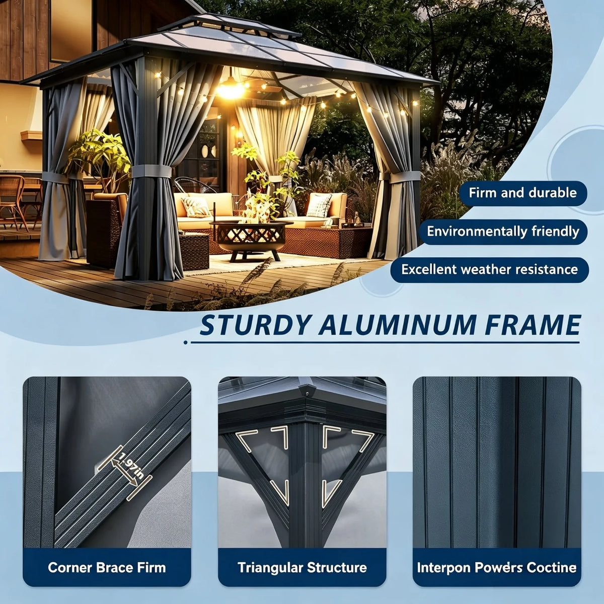 Nordivale Hardtop Aluminum Gazebo Pavilion With Curtains And Netting