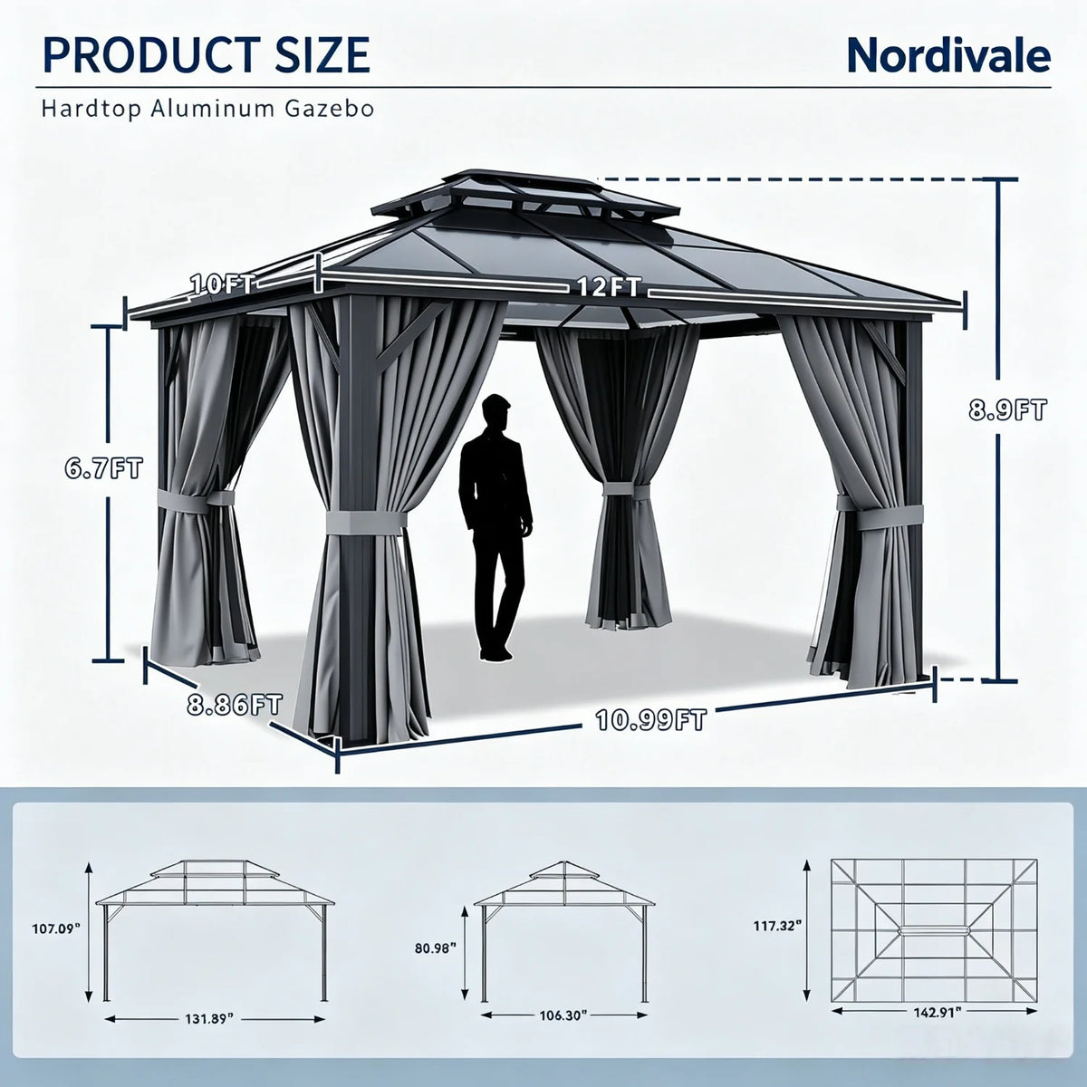 Nordivale Hardtop Aluminum Gazebo Pavilion With Curtains And Netting