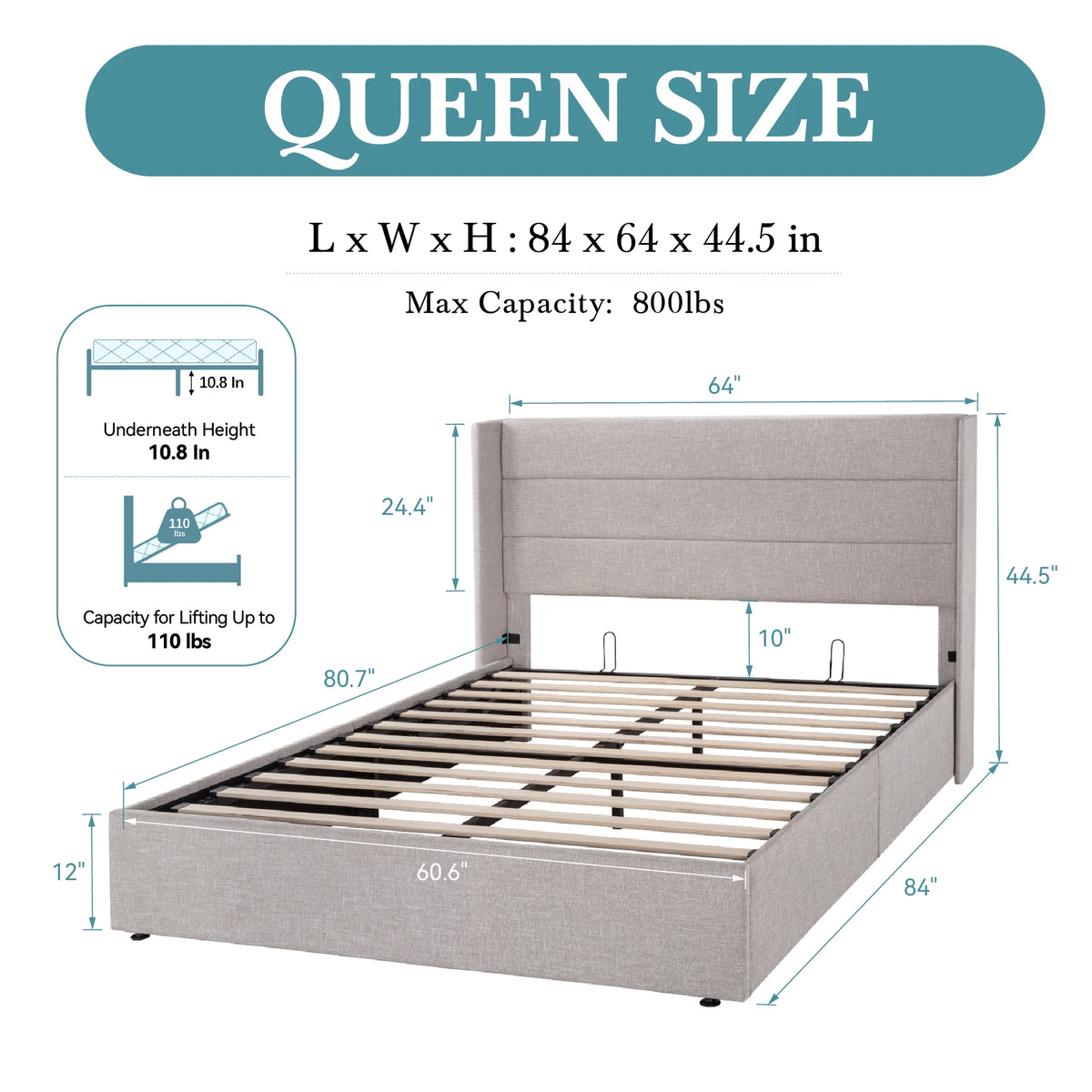 Hoomic Lift Up Storage Bed With Hydraulic Wingback Headboard
