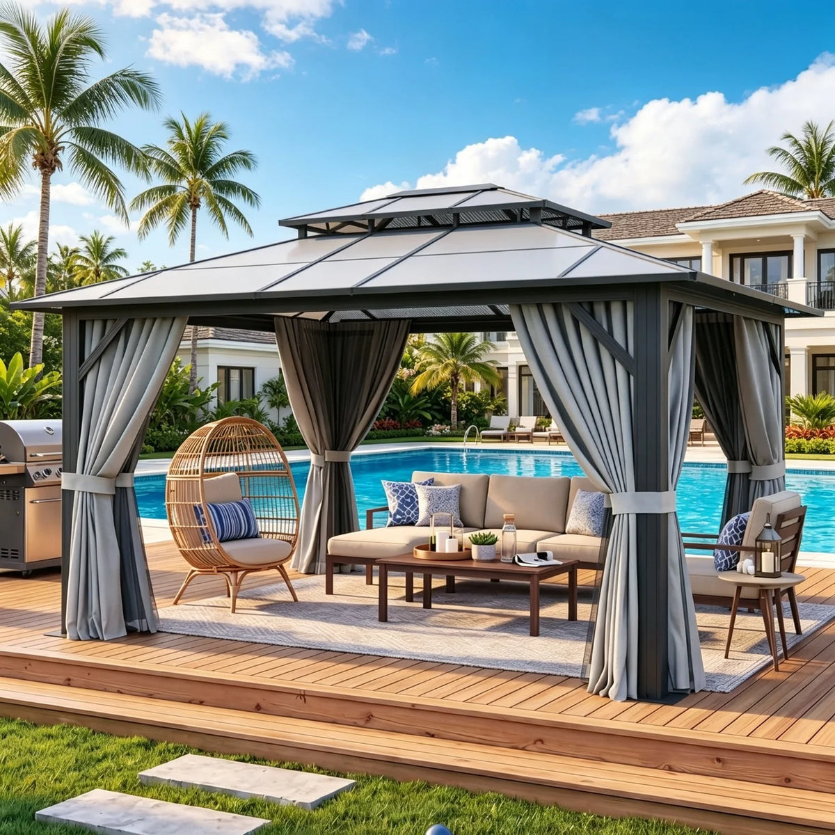 Nordivale Hardtop Aluminum Gazebo Pavilion With Curtains And Netting