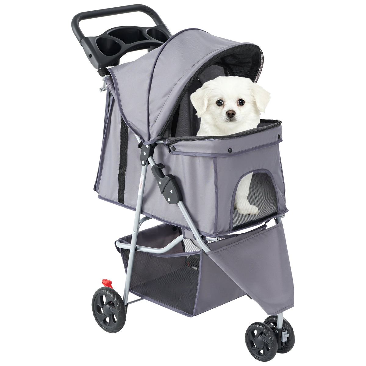 Three Wheel Foldable Pet Stroller With Mesh Windows And Basket