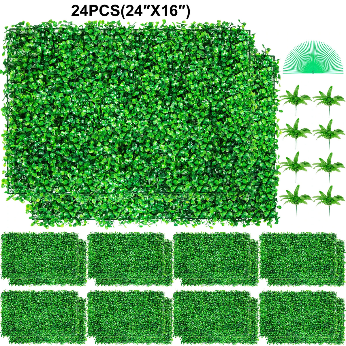 SucceBuy Artificial Boxwood Panel 24pcs 20x20/24x16 in Boxwood Hedge Wall Panels Artificial Grass Backdrop Wall Green Grass