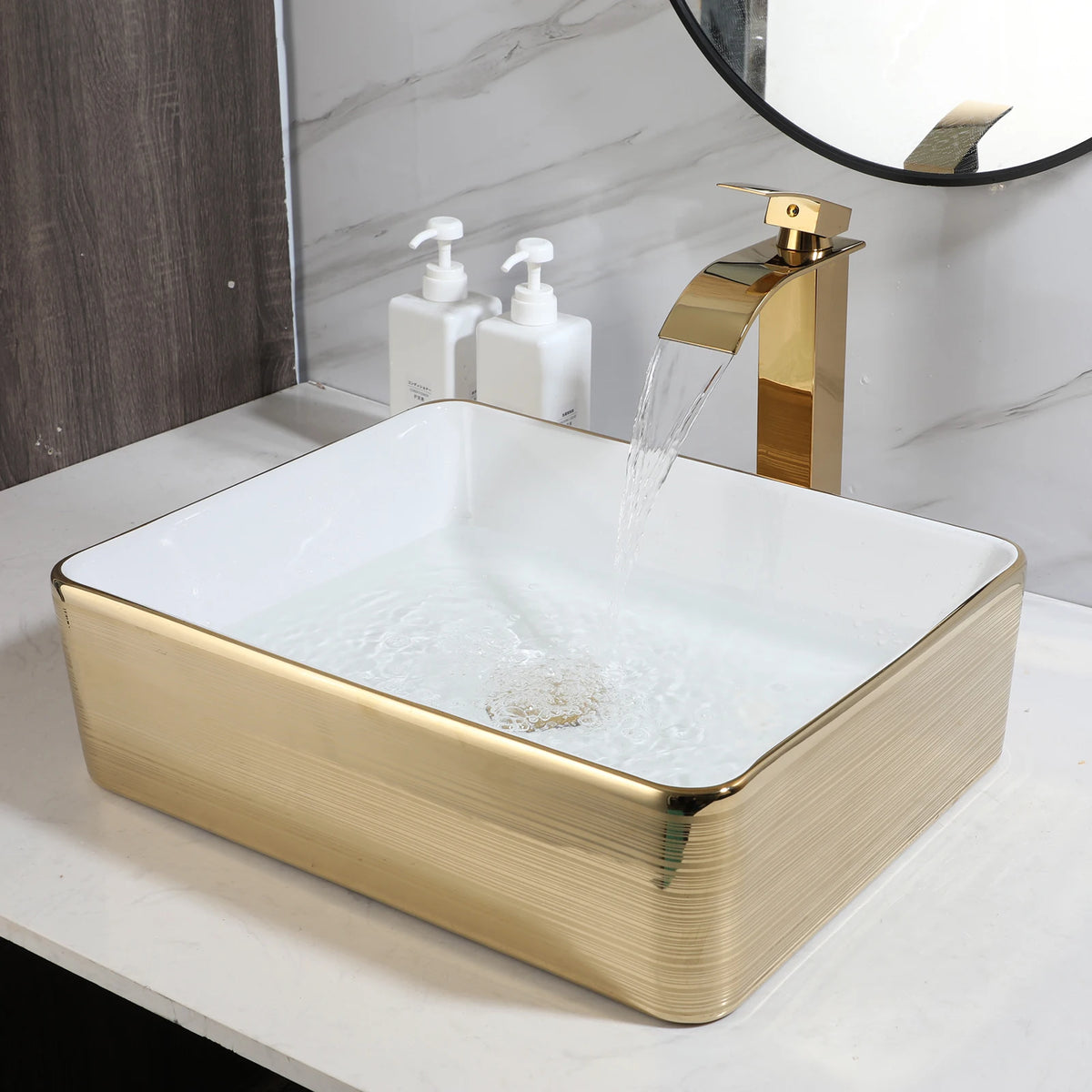 Yanksmart Ceramic Rectangular Bathroom Sink And Brass Faucet Kit