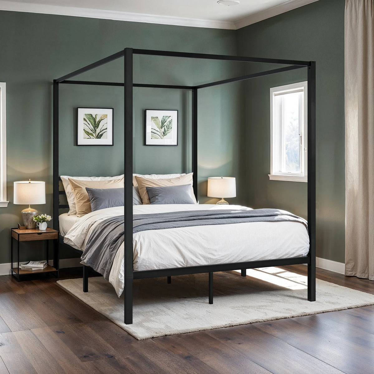 Hoomic Modern Metal Four Poster Bed Frame With Headboard