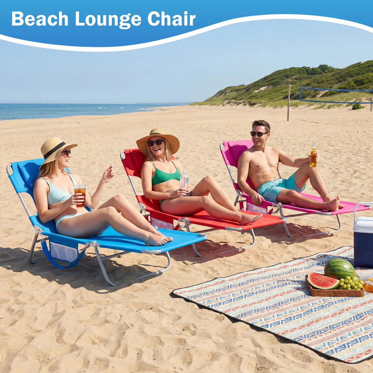 JHK 5 Position Adjustable Folding Beach Lounge Chair Portable Recliner