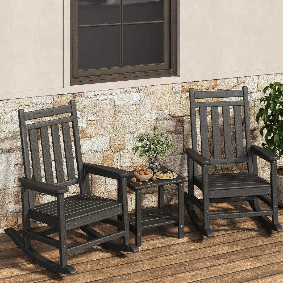 HDPE Outdoor Rocking Chair Pair with Matching Side Table for Patio