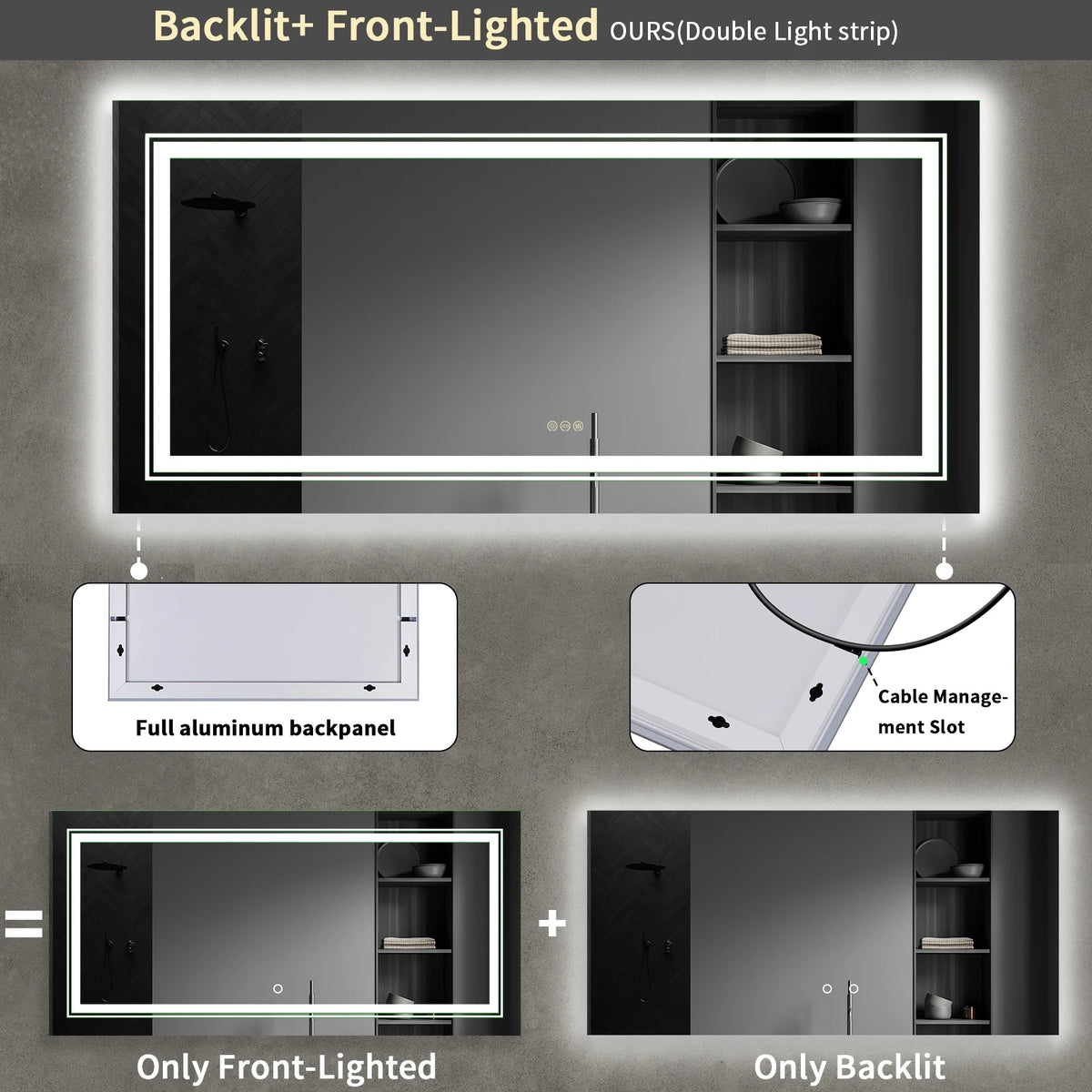Wisfor Led Rectangular Vanity Mirror With Dimmable Anti Fog Backlight