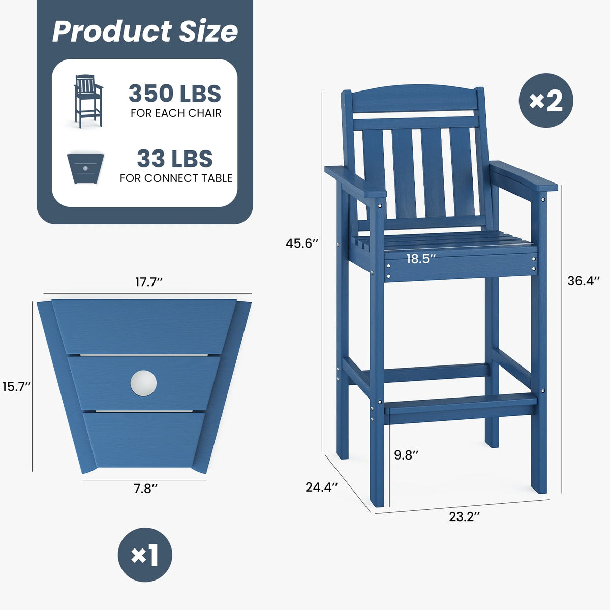 Farini Set Of Two HDPE Adirondack Bar Stools With Tray