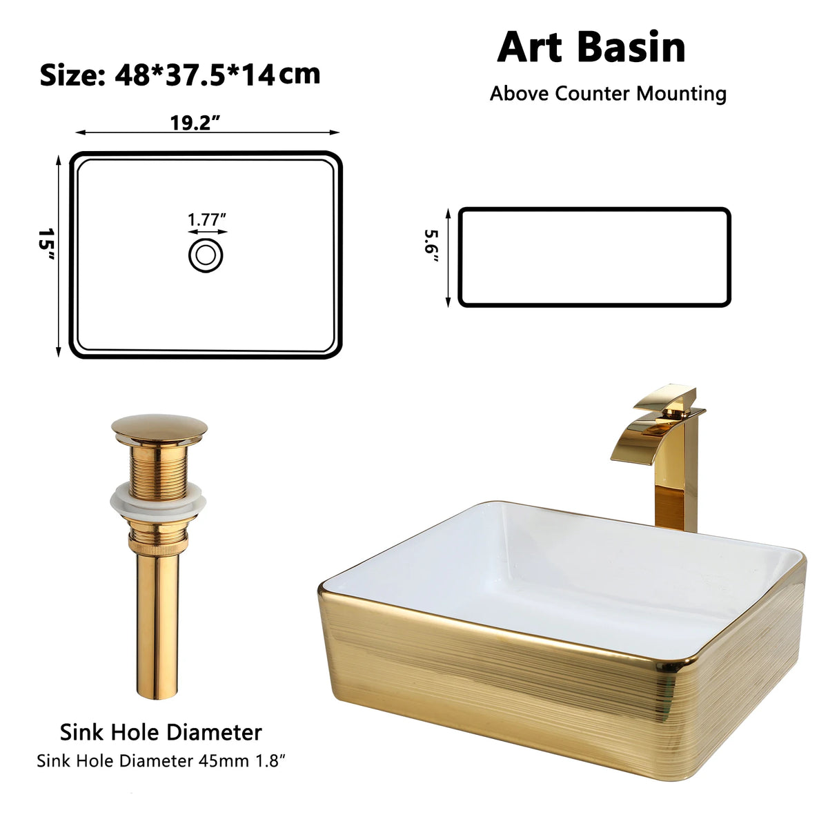 Yanksmart Ceramic Rectangular Bathroom Sink And Brass Faucet Kit