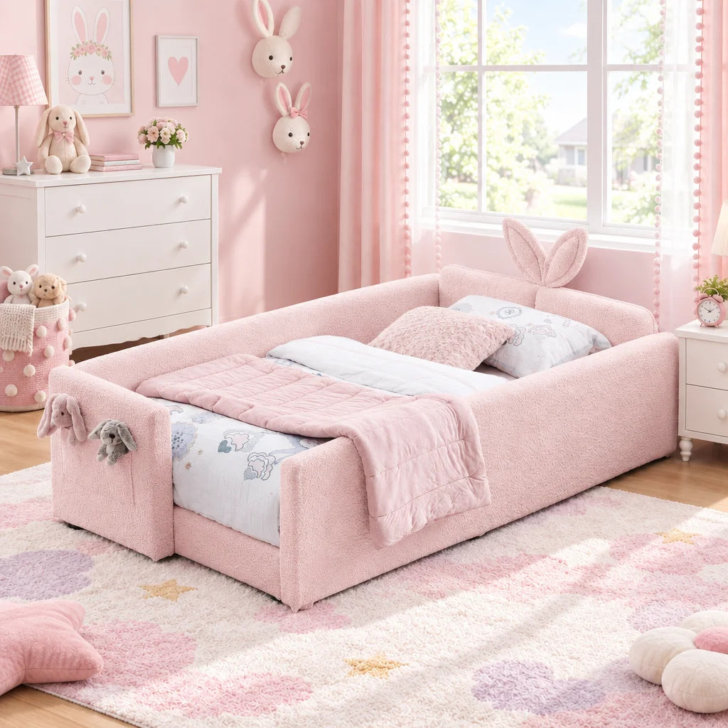 Upholstered Platform Bed Featuring Rabbit Ear Headboard And Storage