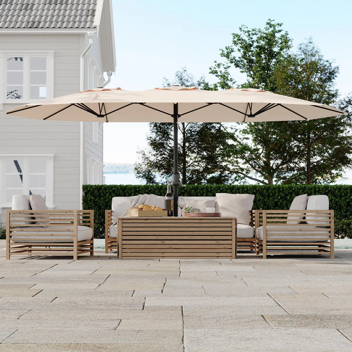 Double Sided Patio Umbrella With Base For Outdoor Garden Shade