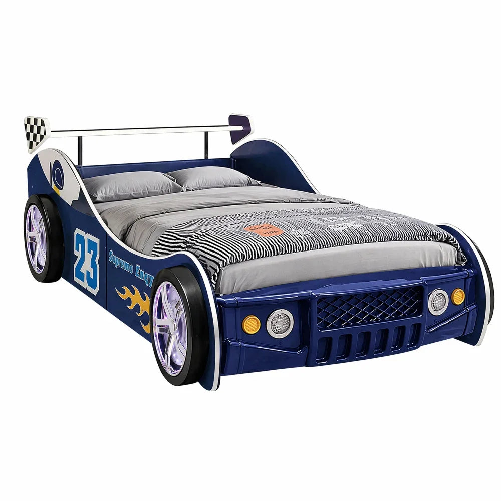 Children Racing Style Car Bed Frame Featuring Luminous Wheels