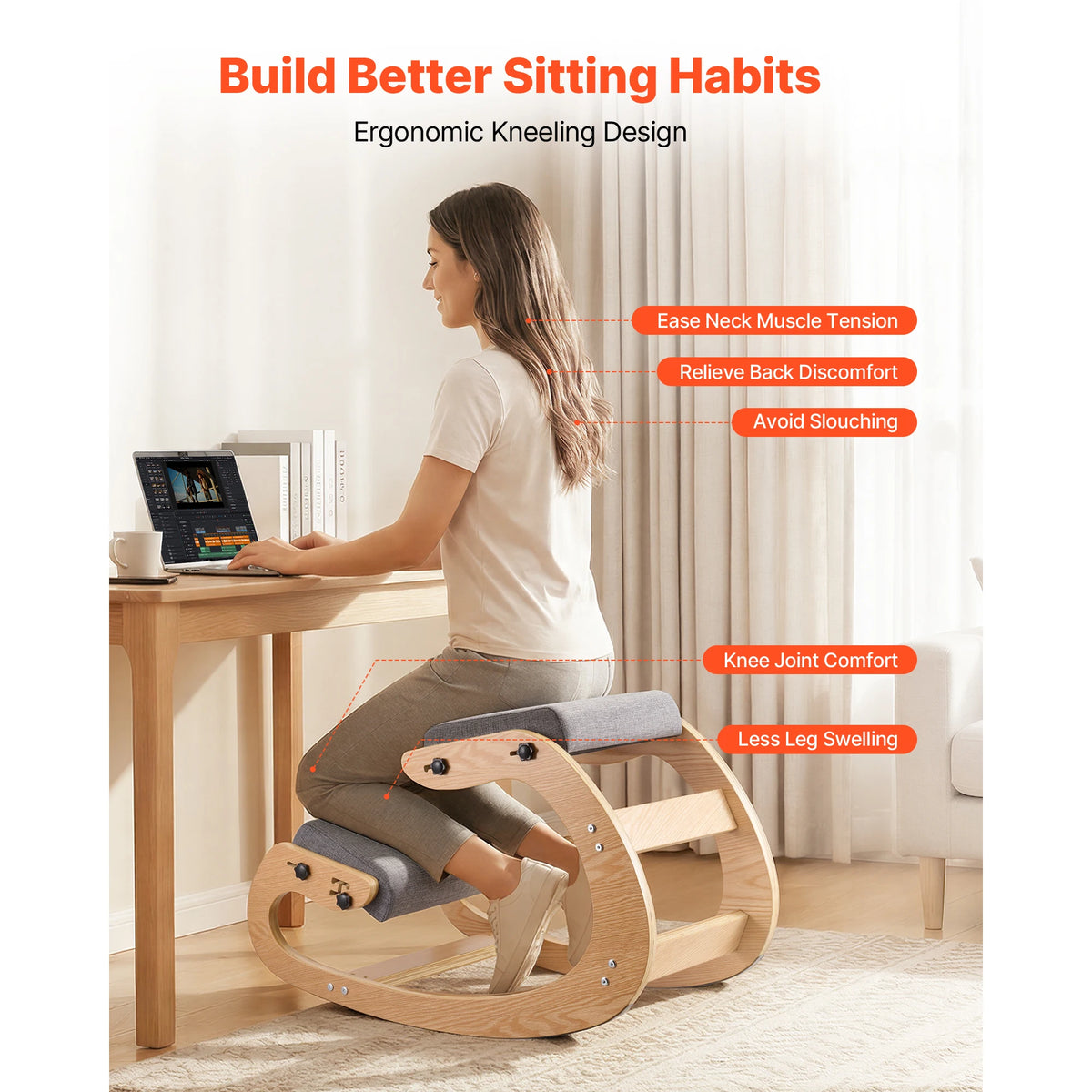 SucceBuy Ergonomic Wooden Kneeling Chair for Office Posture Support