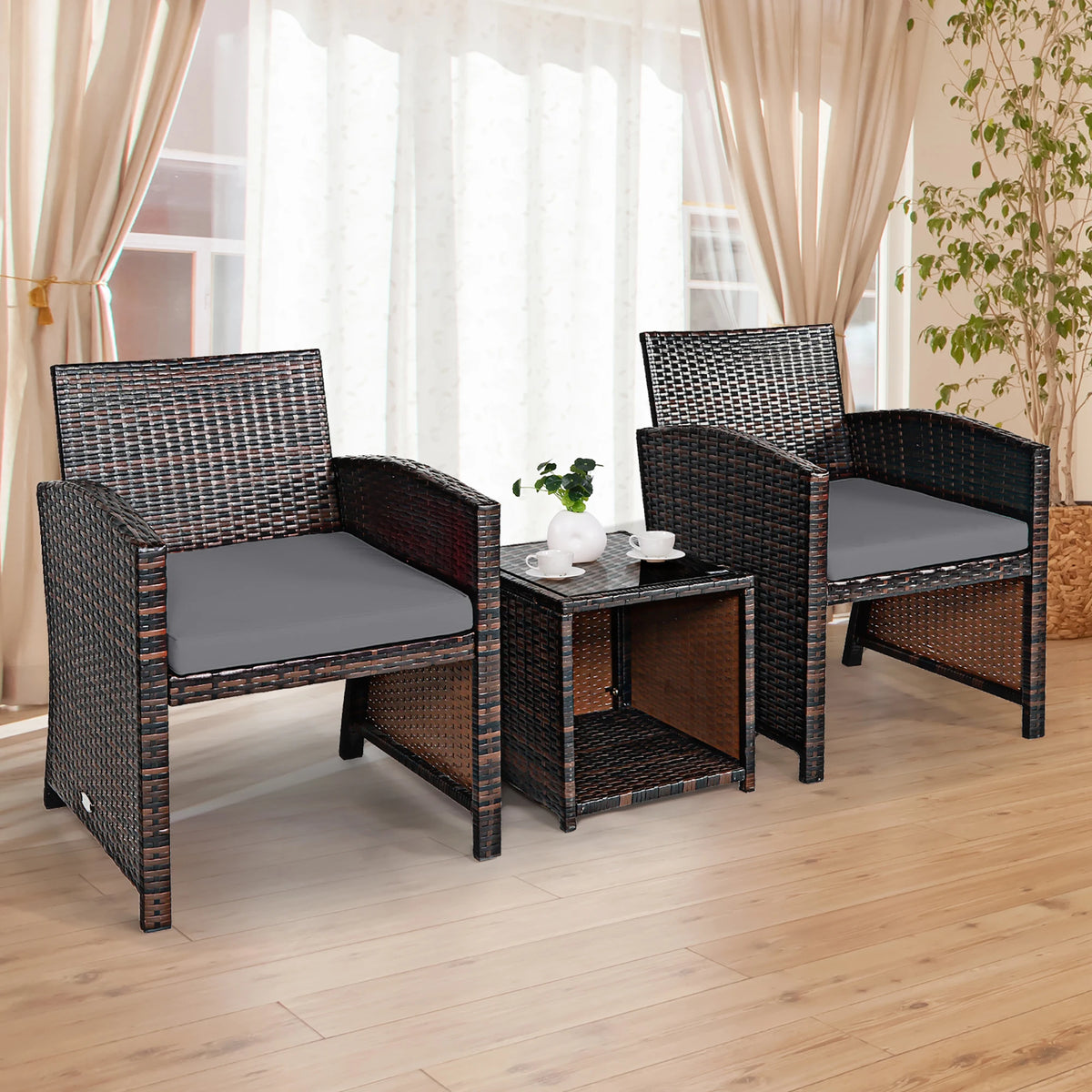 Homasis Outdoor Rattan Wicker Sofa And Coffee Table Set