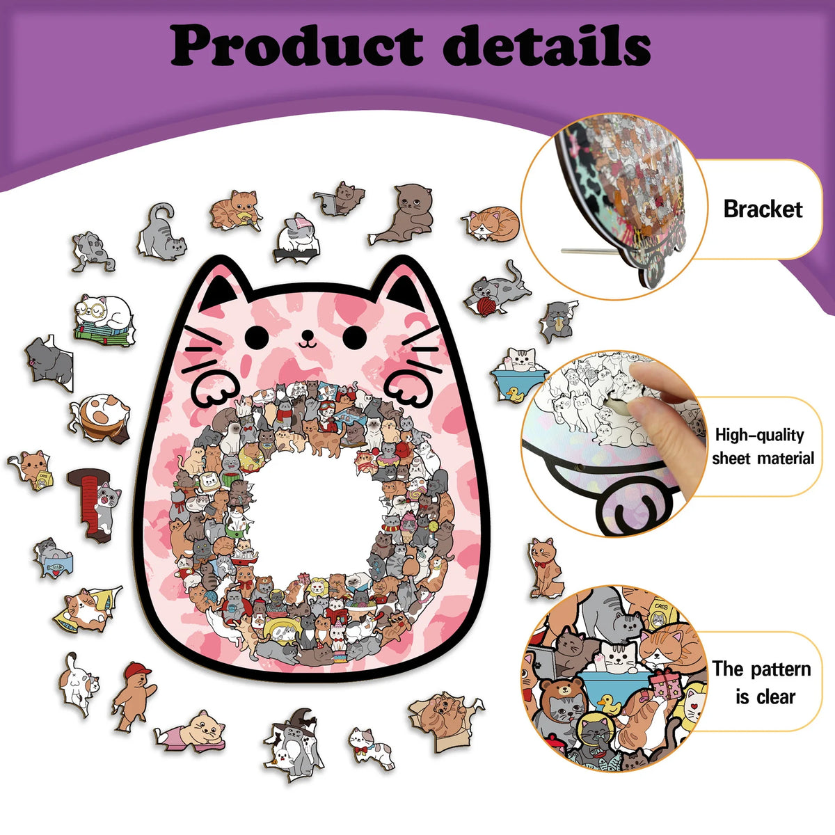 Cute Cat Wooden Puzzle Brain Teaser Desk Toy For Adults