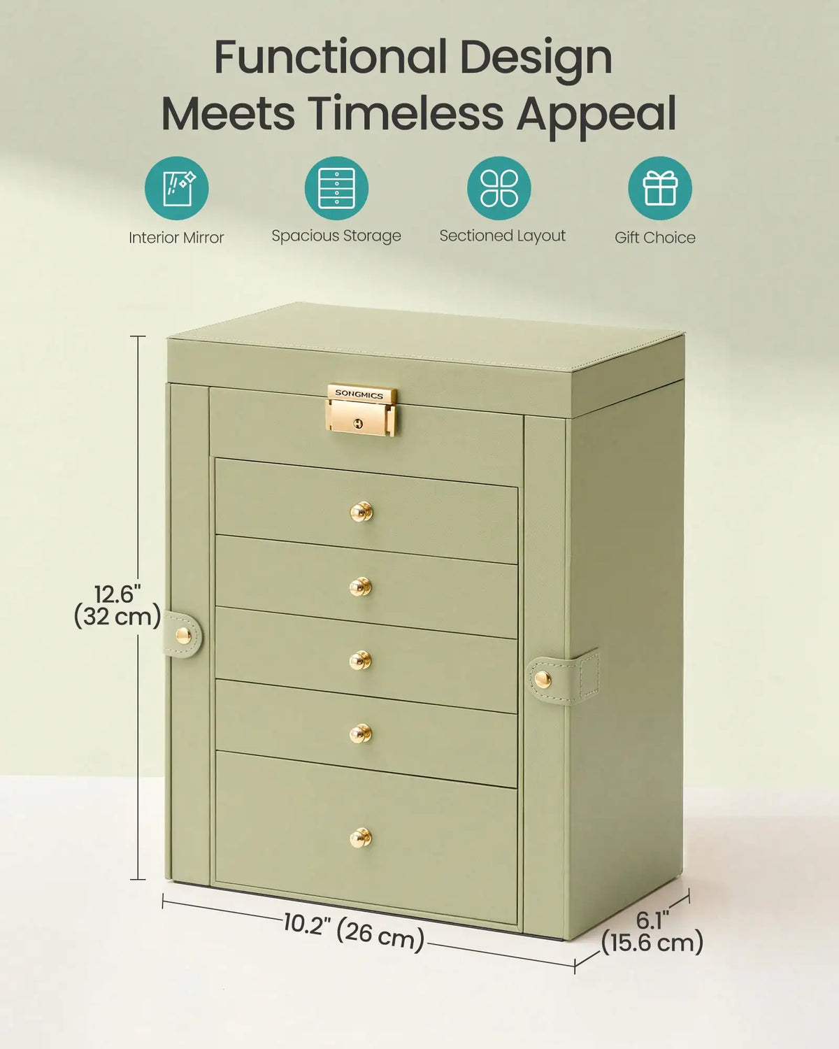 Jewelry Organizer Box With Mirror Lock And Five Storage Drawers