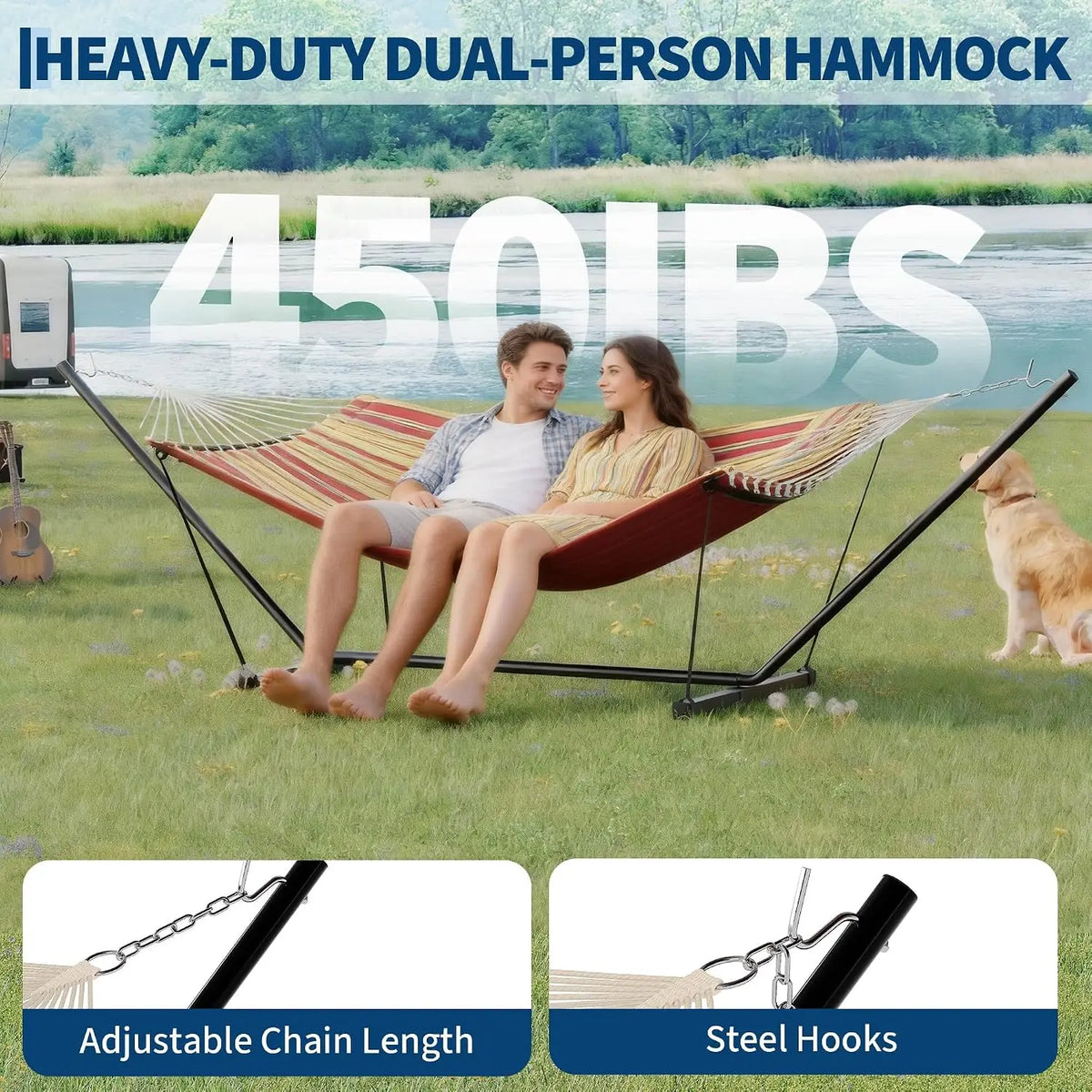 HiMISS Freestanding Double Hammock With Steel Stand For Garden Patio