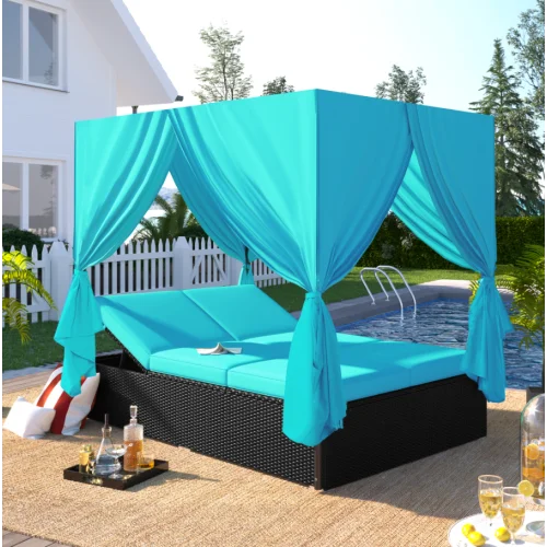 Premium Outdoor Rattan Patio Sunbed Daybed With Adjustable Cushions