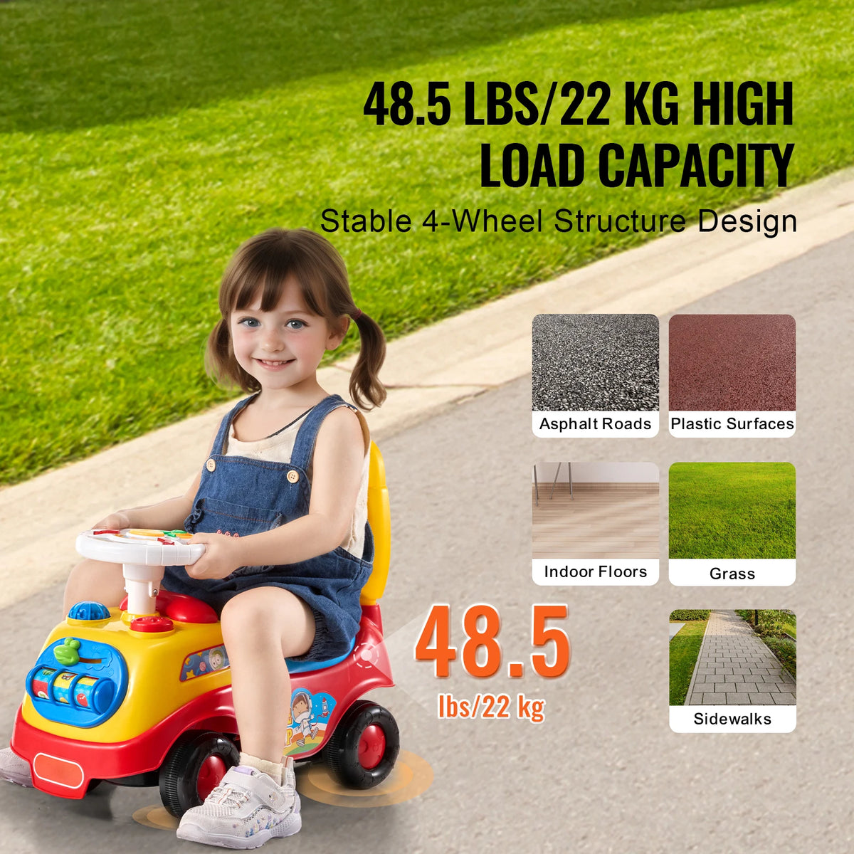 SucceBuy Toddler Ride On Push Car With Music And Storage