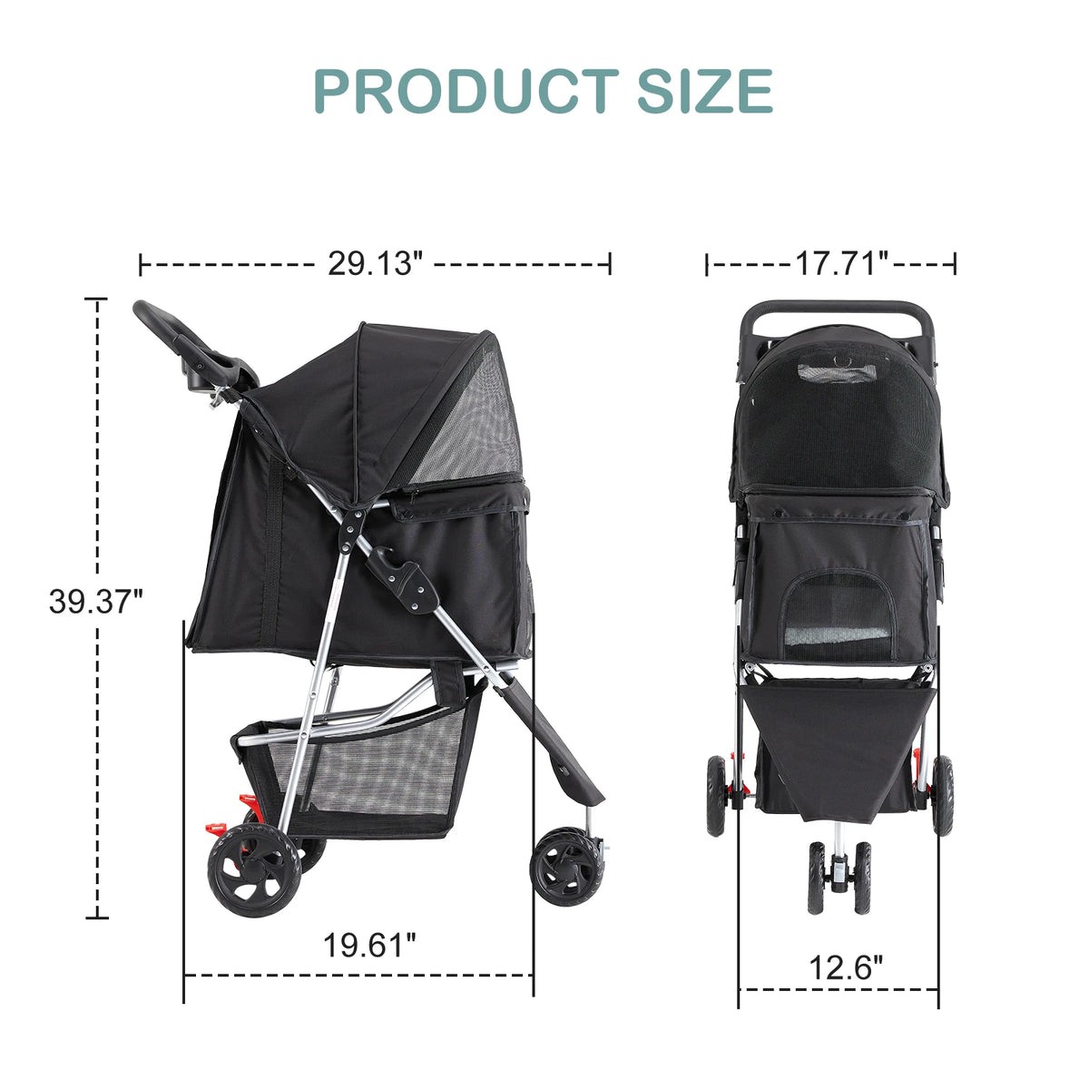 Three Wheel Foldable Pet Stroller With Mesh Windows And Basket