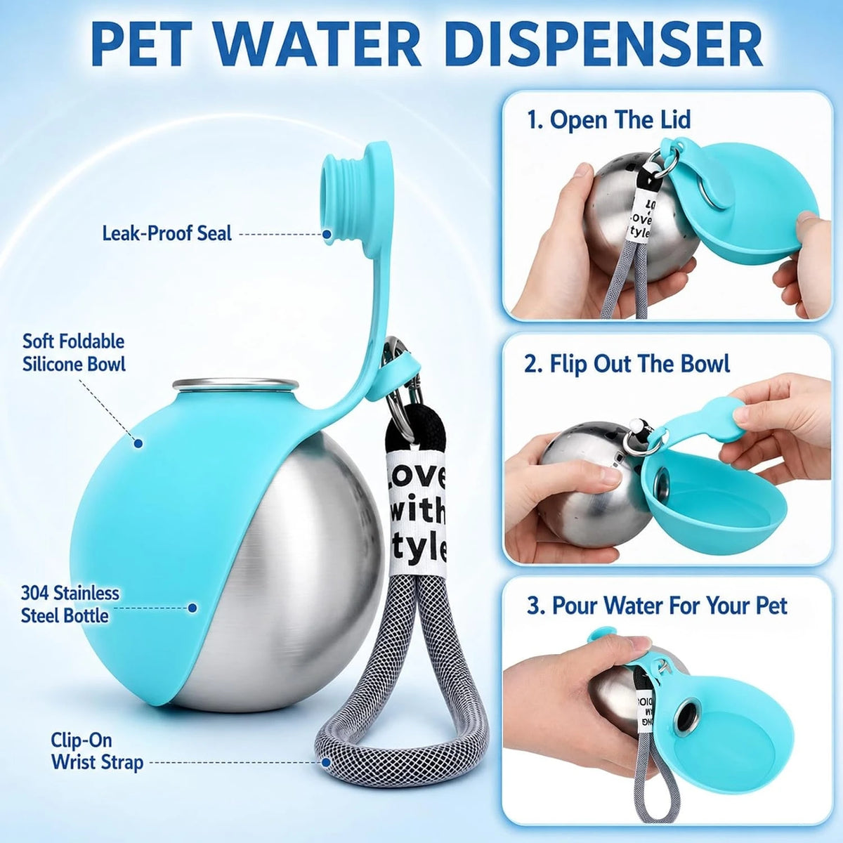 Leak-Proof Pet Travel Water Bottle With Foldable Bowl