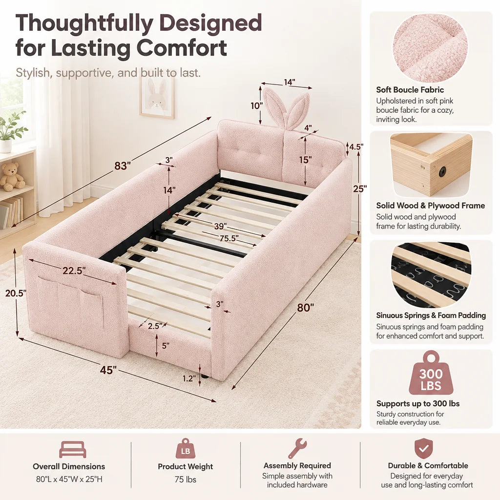 Upholstered Platform Bed Featuring Rabbit Ear Headboard And Storage