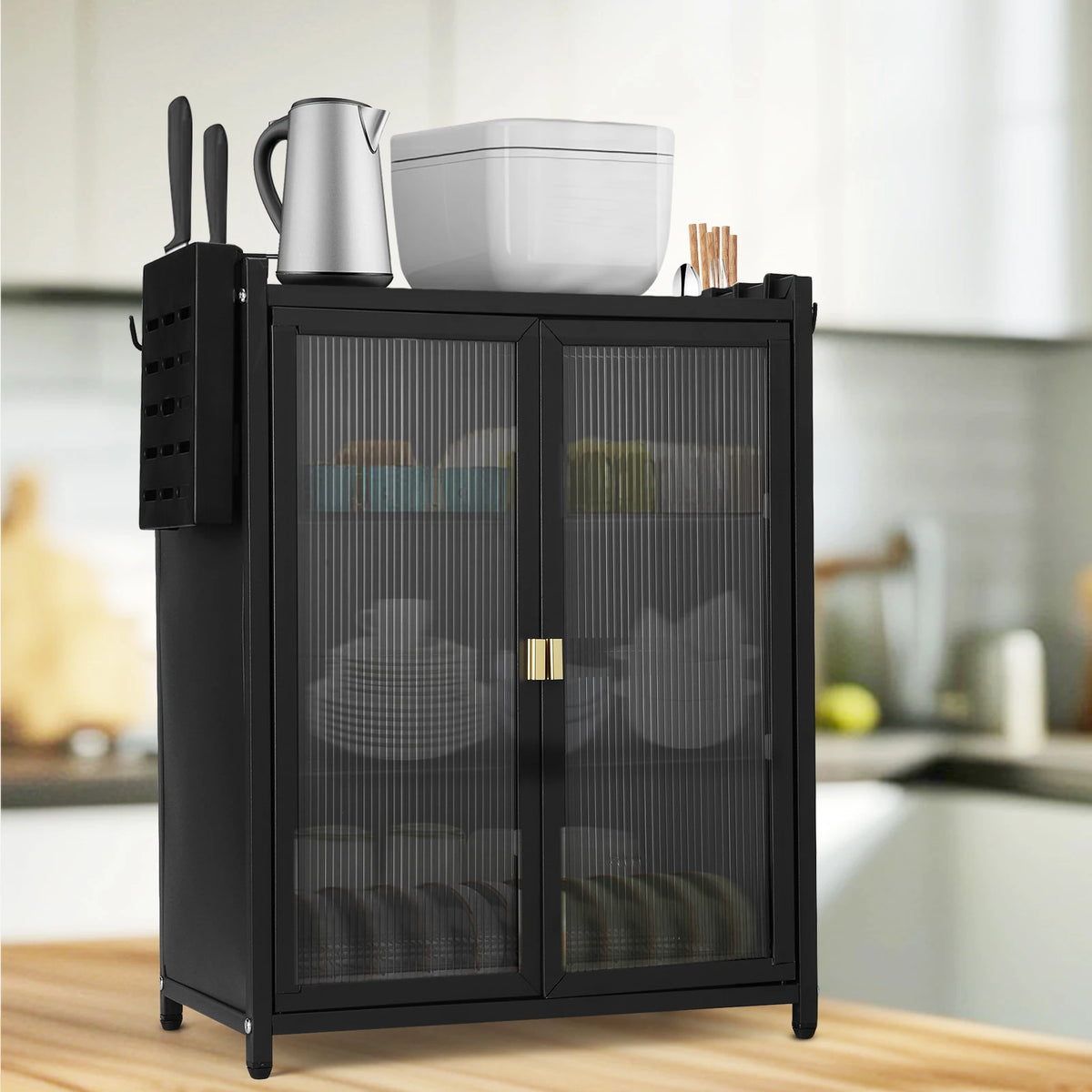 Kitchen Countertop Storage Cabinet With Double Door Dish Drainer