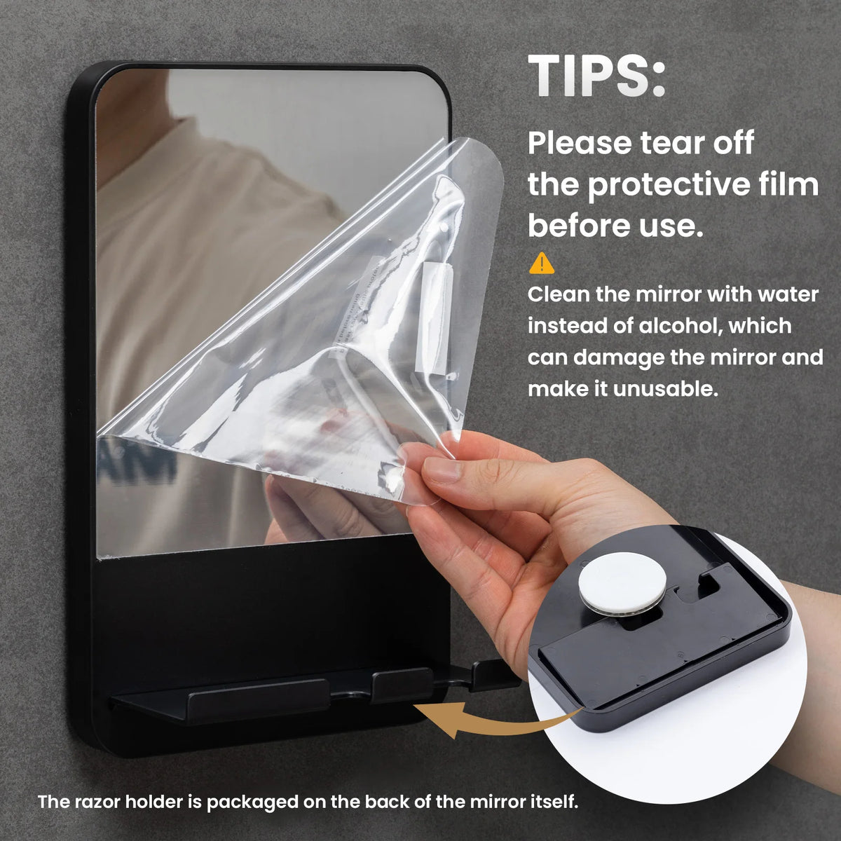 Fogless Shower Mirror With Razor Holder For Bathroom Suction Mount