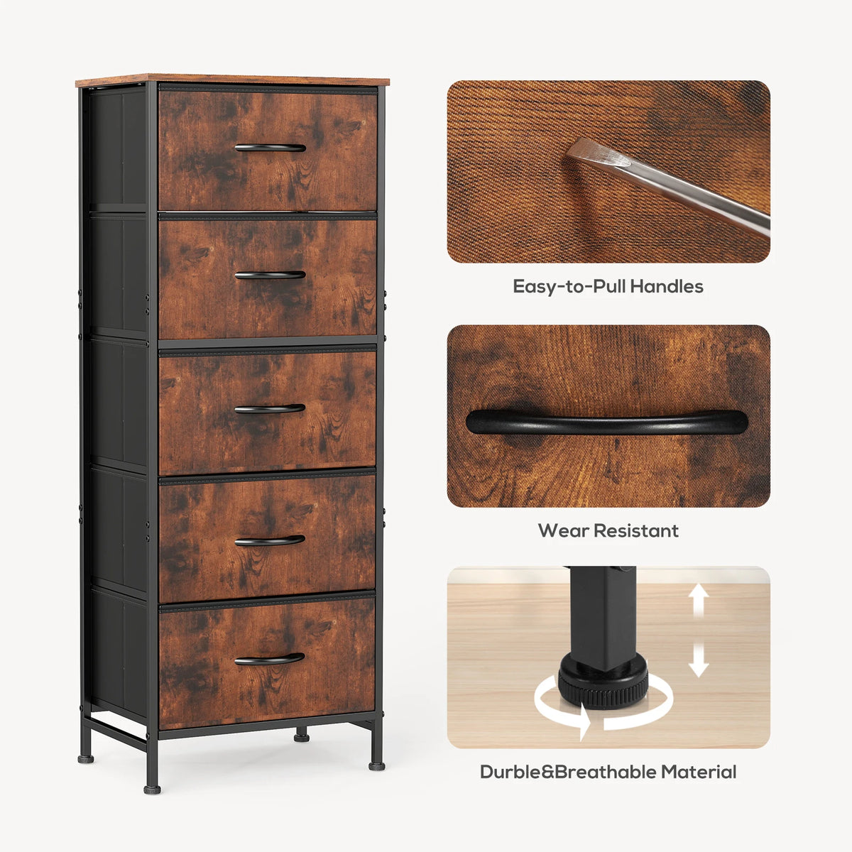 JHK Modern Bedroom Dresser With Five Fabric Drawers Steel Frame