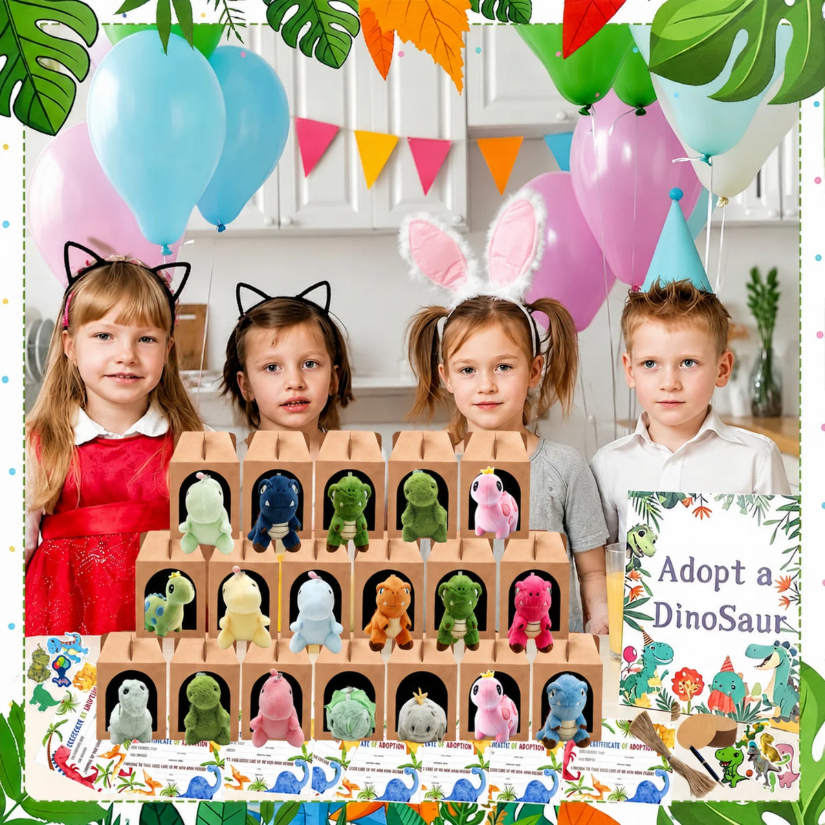 Dinosaur Stuffed Animal Party Favors With Adoption Card Birthday Gifts