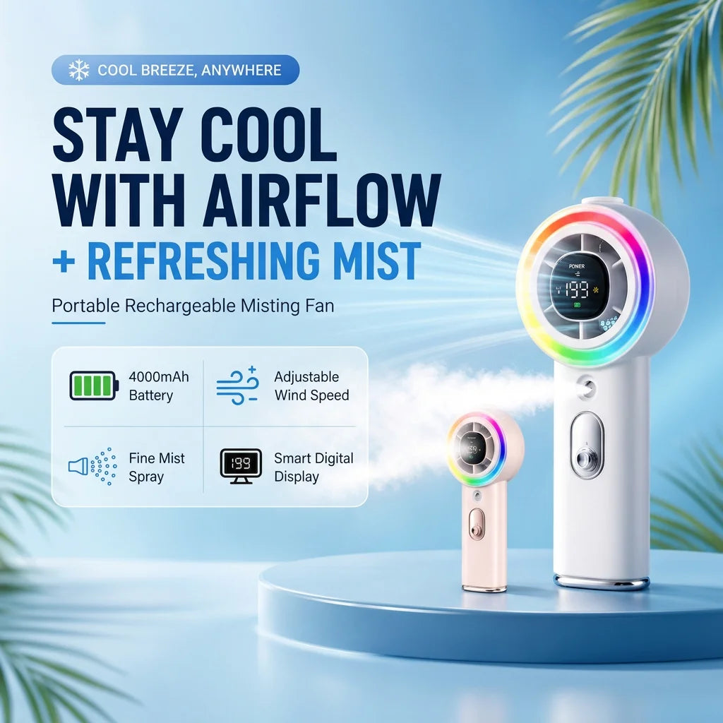 Portable Handheld Mist Spray Fan for Personal Cooling and Travel