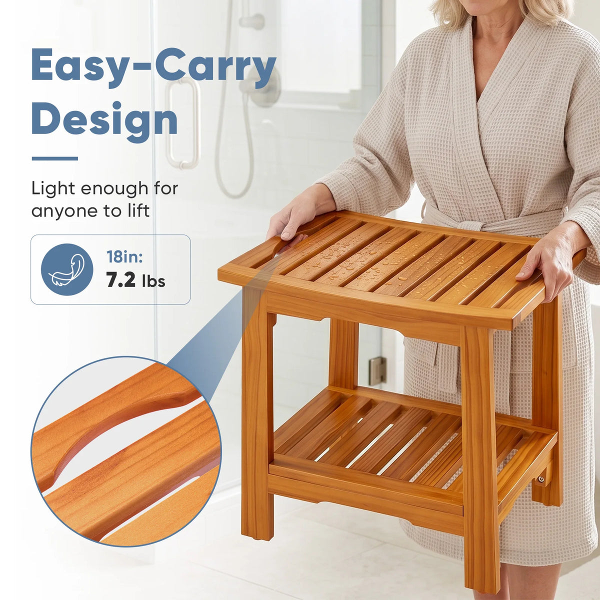 JHK Wooden Shower Bench With Storage Shelf And Handles