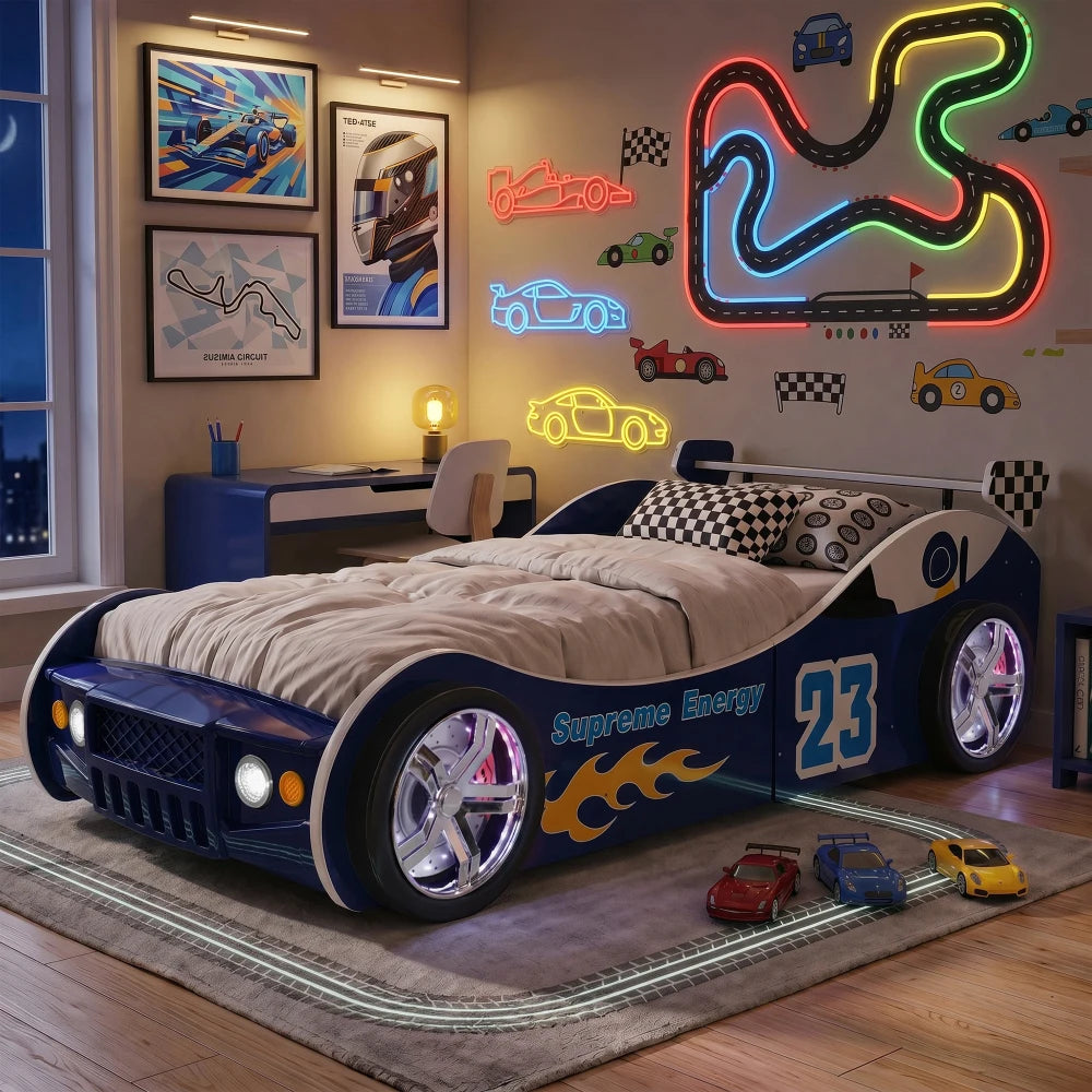 Children Racing Style Car Bed Frame Featuring Luminous Wheels