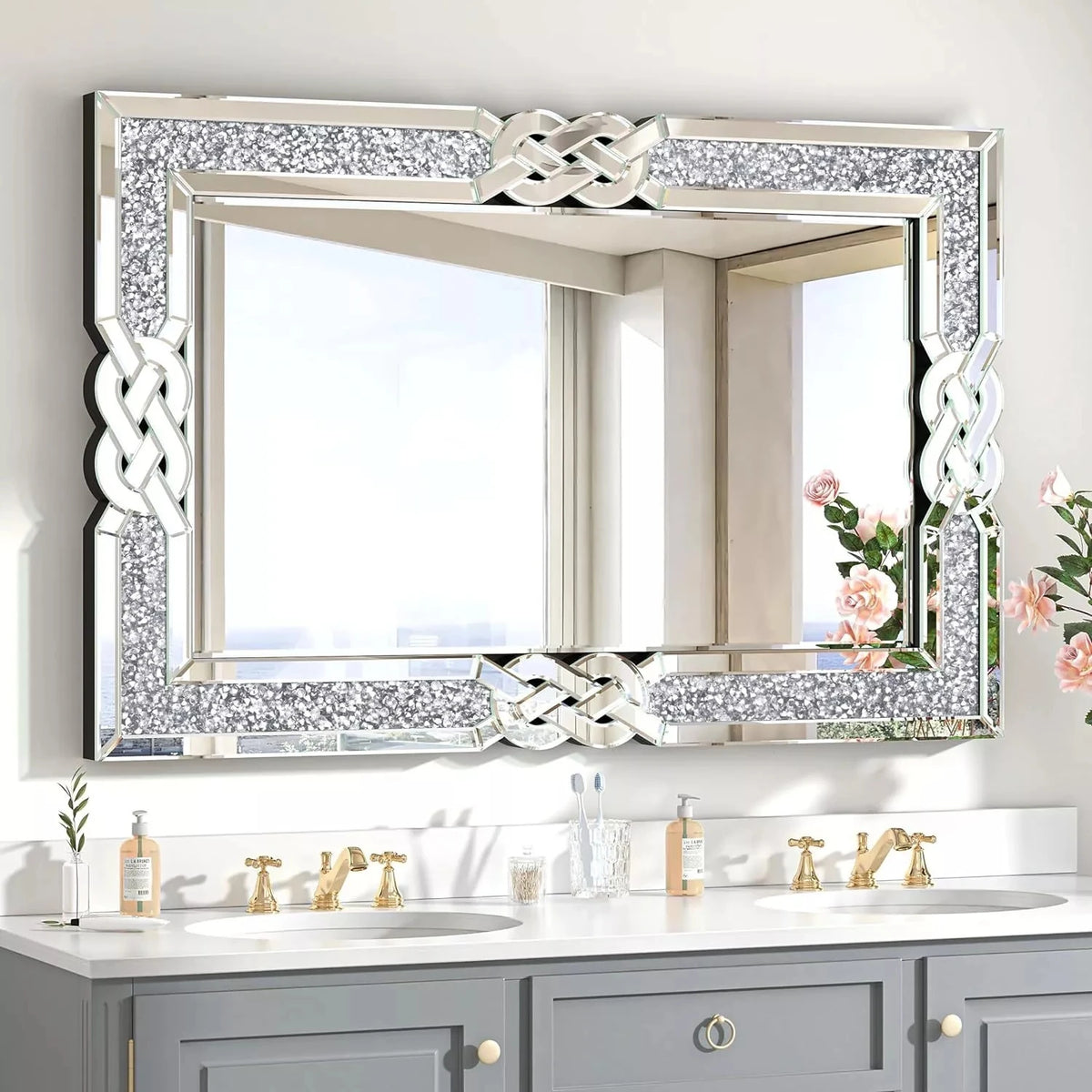 Wisfor Crushed Diamond Rectangular Wall Mirror With Sparkling Crystal Frame