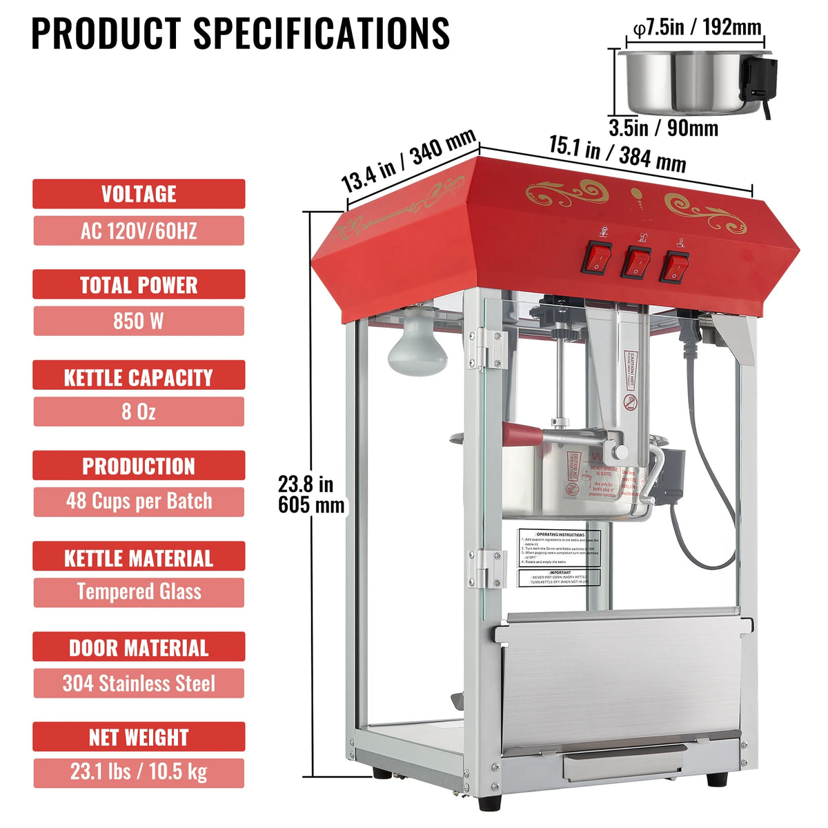SucceBuy Commercial Countertop Popcorn Maker With Tempered Glass Kettle