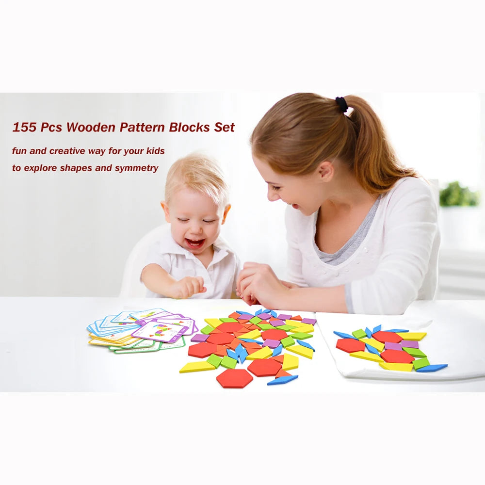 Wooden Geometric Pattern Blocks Puzzle Set for Montessori Learning