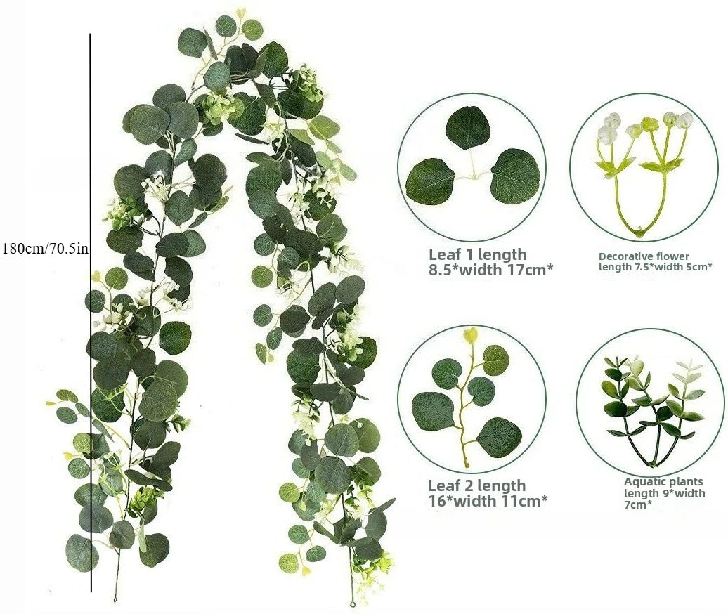 180cm Artificial Eucalyptus Garland with White Flowers for Home Festival Wall Hanging Garden Wedding Backdrop Arch Party Decor