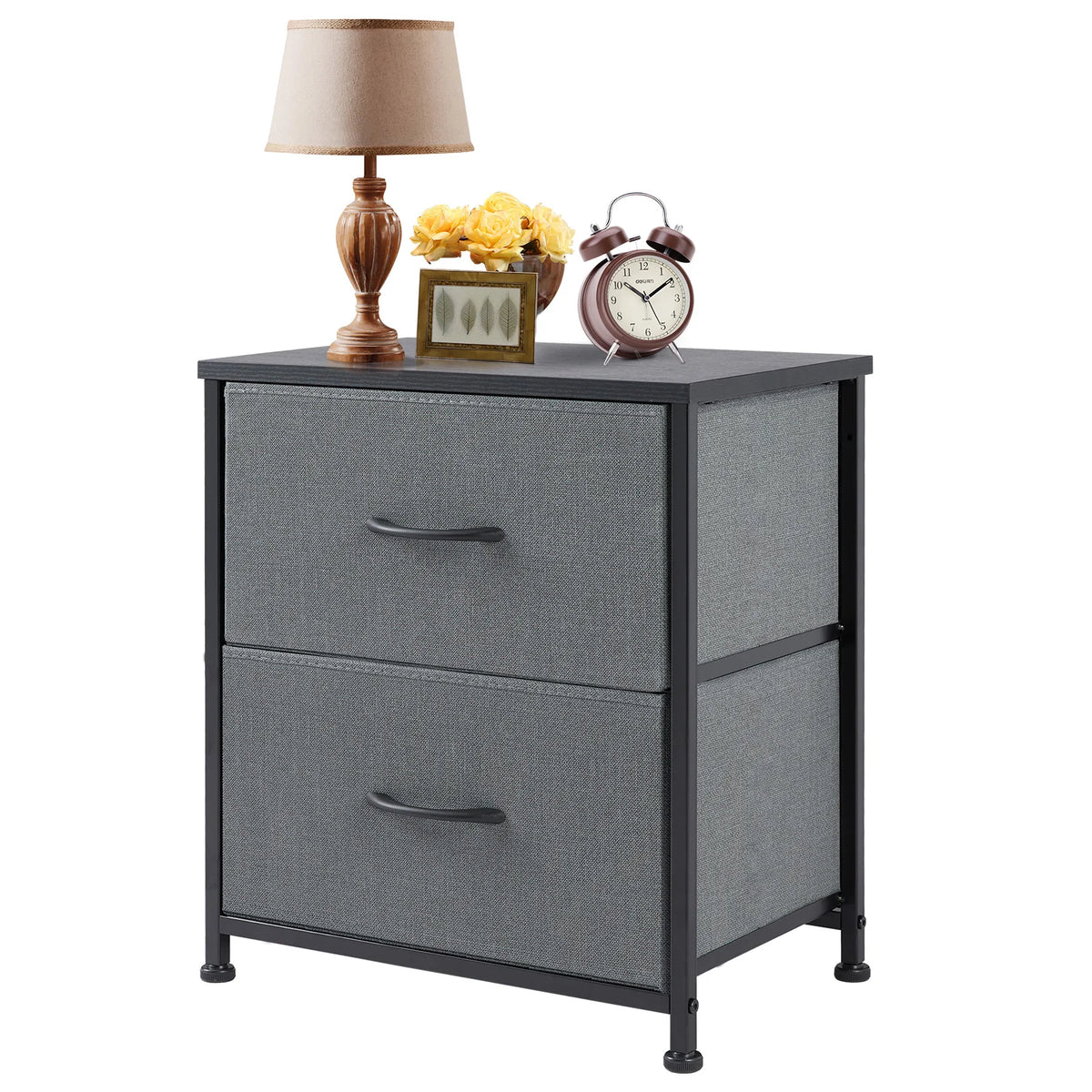 JHK Modern Metal Nightstand Cabinet With Fabric Drawer Storage