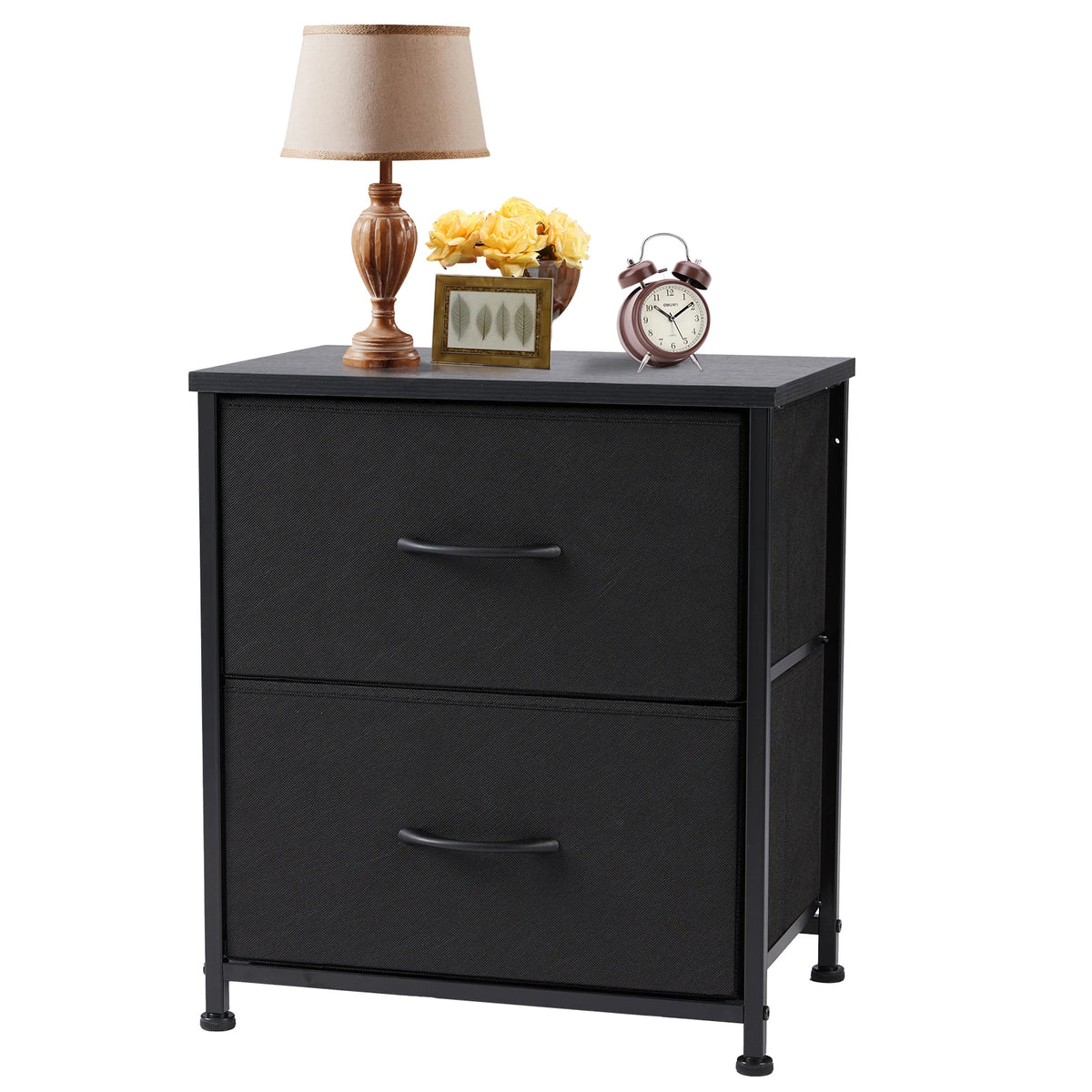 JHK Modern Metal Nightstand Cabinet With Fabric Drawer Storage