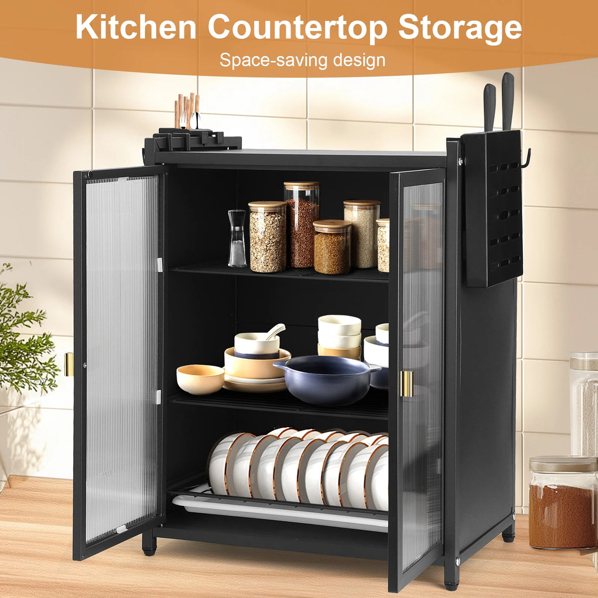 Kitchen Countertop Storage Cabinet With Double Door Dish Drainer