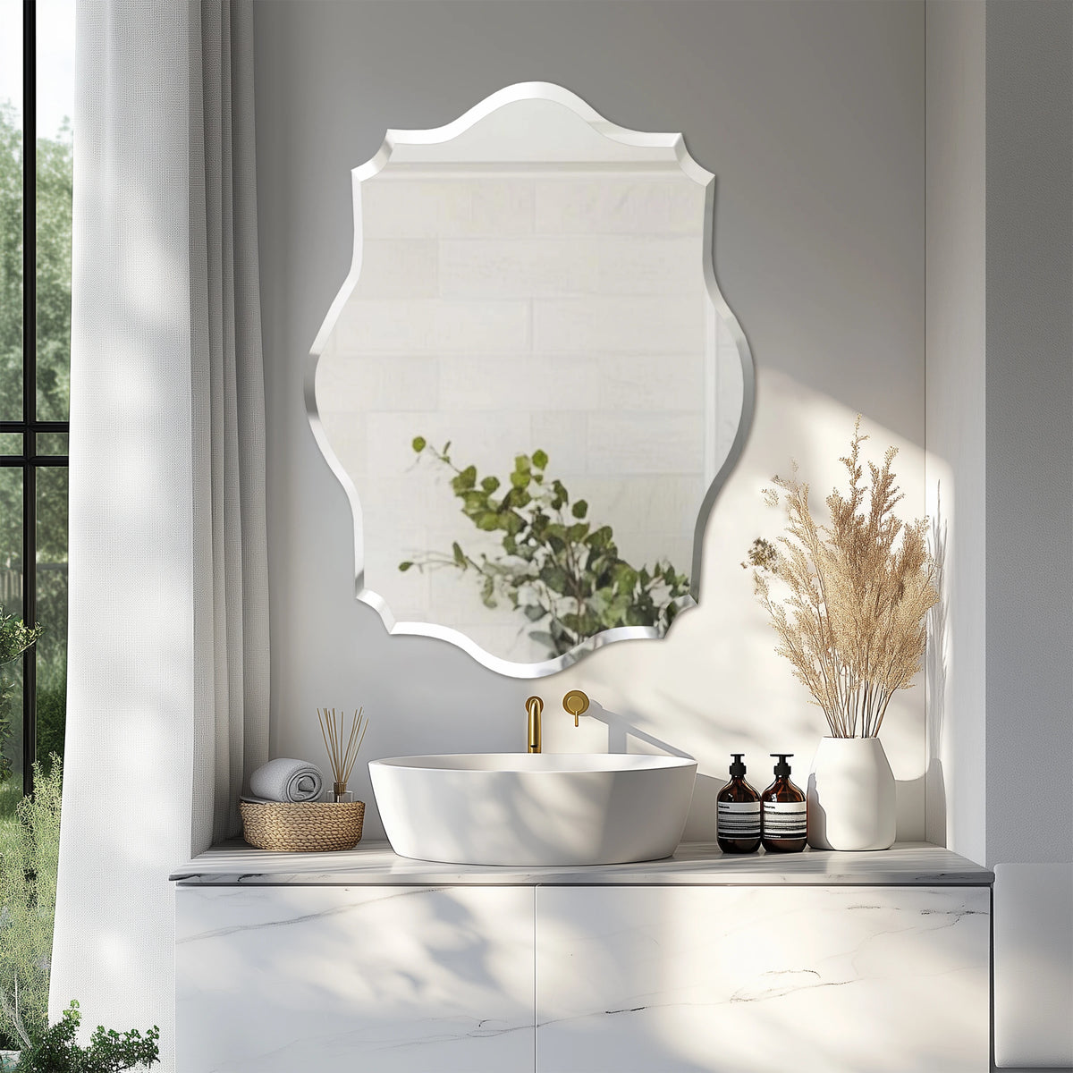 Wisfor Scalloped Wall Mirror Frameless Glass Beveled Edge Decorative