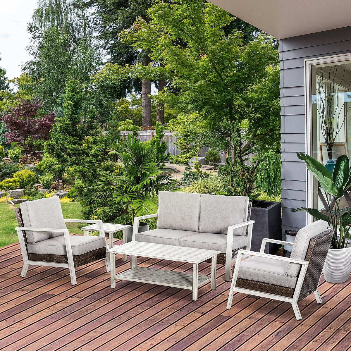 Outsunny 5 Piece Outdoor Wicker Furniture Set Table And Chairs