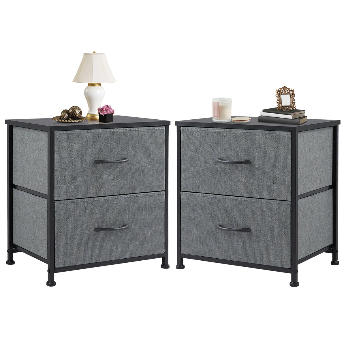 JHK Modern Metal Nightstand Cabinet With Fabric Drawer Storage