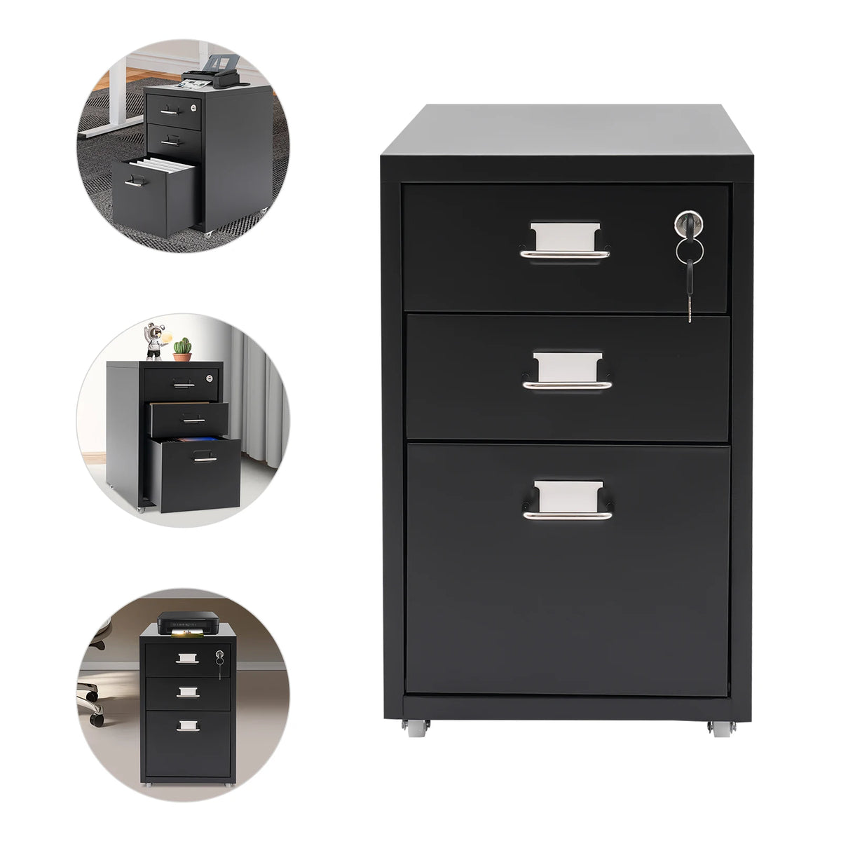 Three Tier Steel Mobile Filing Cabinet With Lock For Office