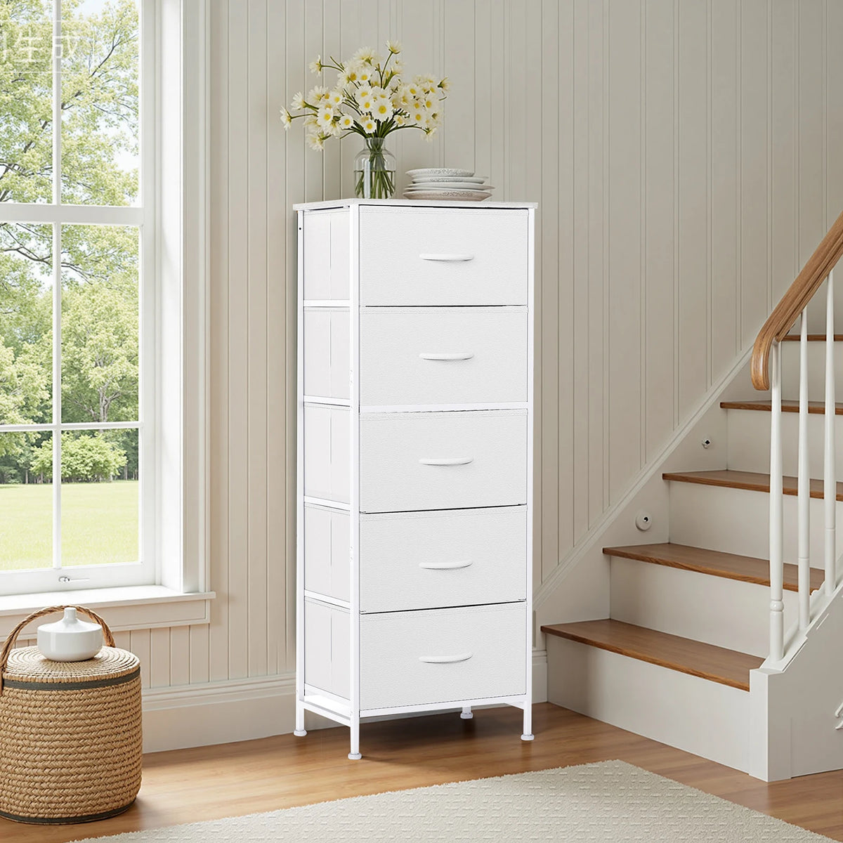 JHK Modern Bedroom Dresser With Five Fabric Drawers Steel Frame