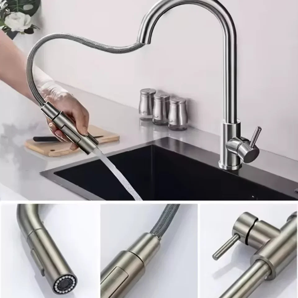 Stainless Steel Kitchen Faucet Single Handle Pull Out Mixer