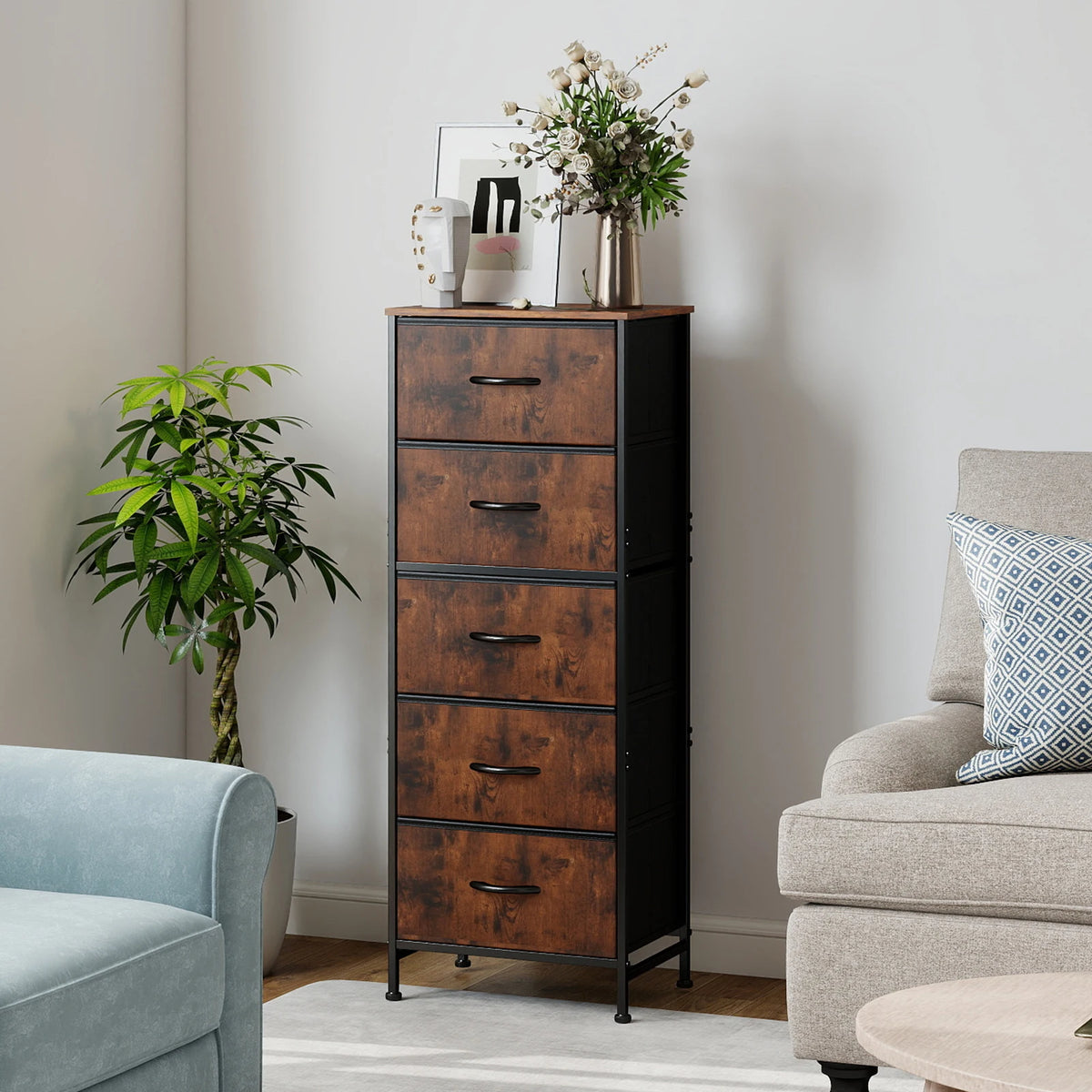 JHK Modern Bedroom Dresser With Five Fabric Drawers Steel Frame